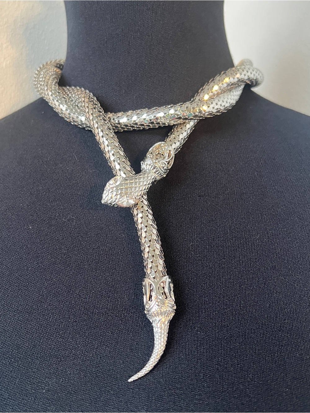 Vintage Whiting & Davis Mesh Snake Belt Necklace Chainmail Lariat Silver Choker